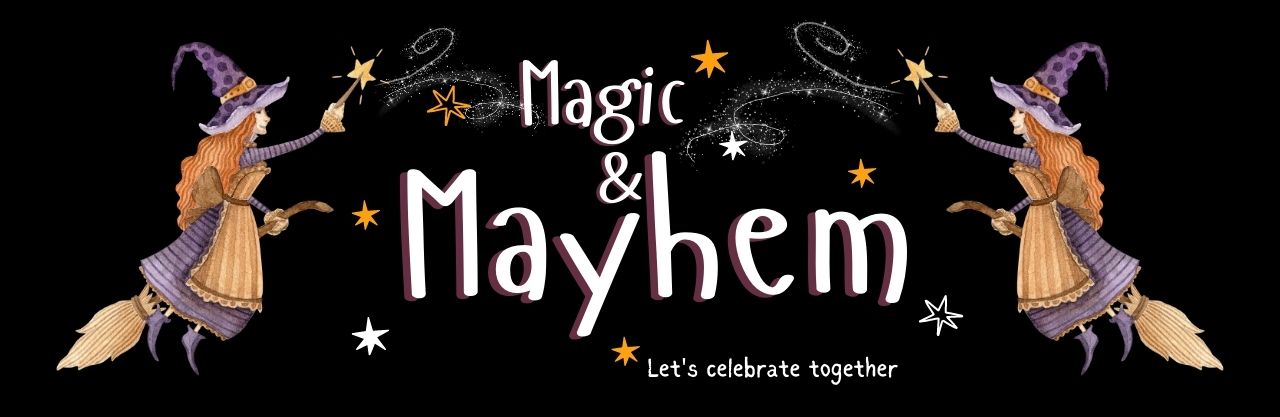 2 witches on brooms casting a special on the words Magic & Mayhem