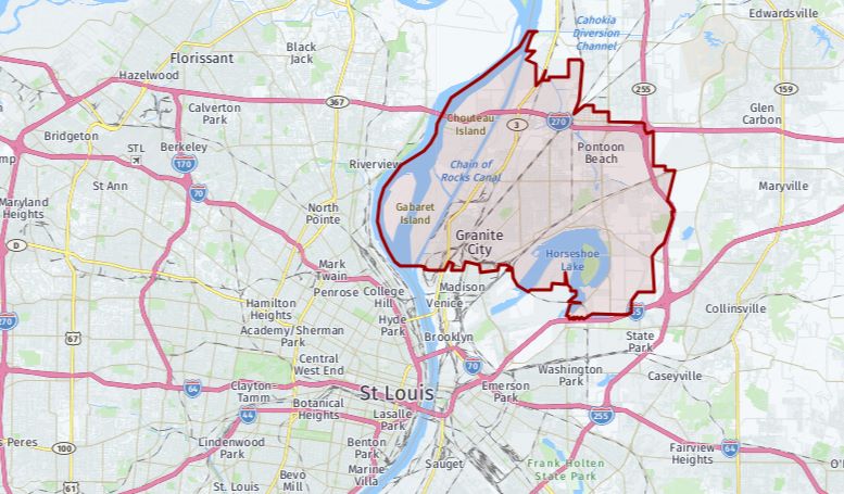 Map Granite City proximity to St. Louis and major interstates