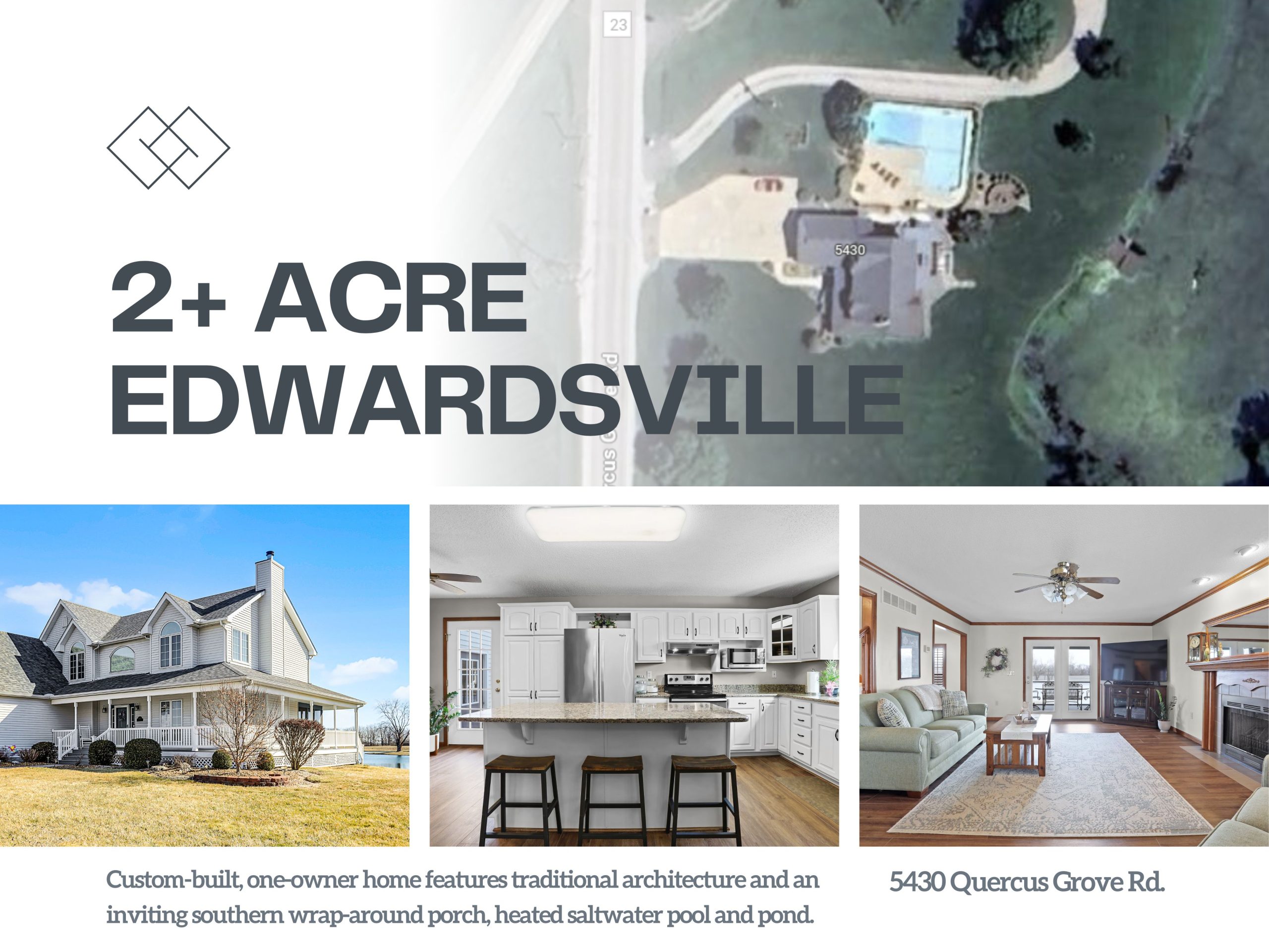 2+ acres, Pond, Heated Salt Water Pool, Kitchen Center Island and Large Living Area