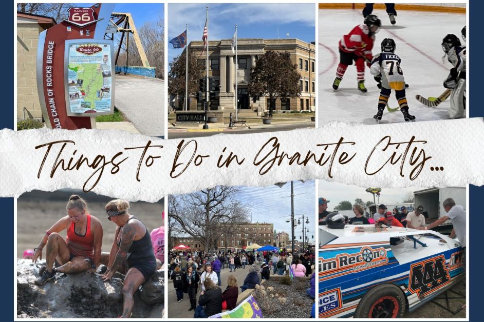 6 photos, Old Chain of Rock Bridge, Granite City City Hall, Little boys playing hockey, 2 females climbing mud hill, community festival and dirt track racing.