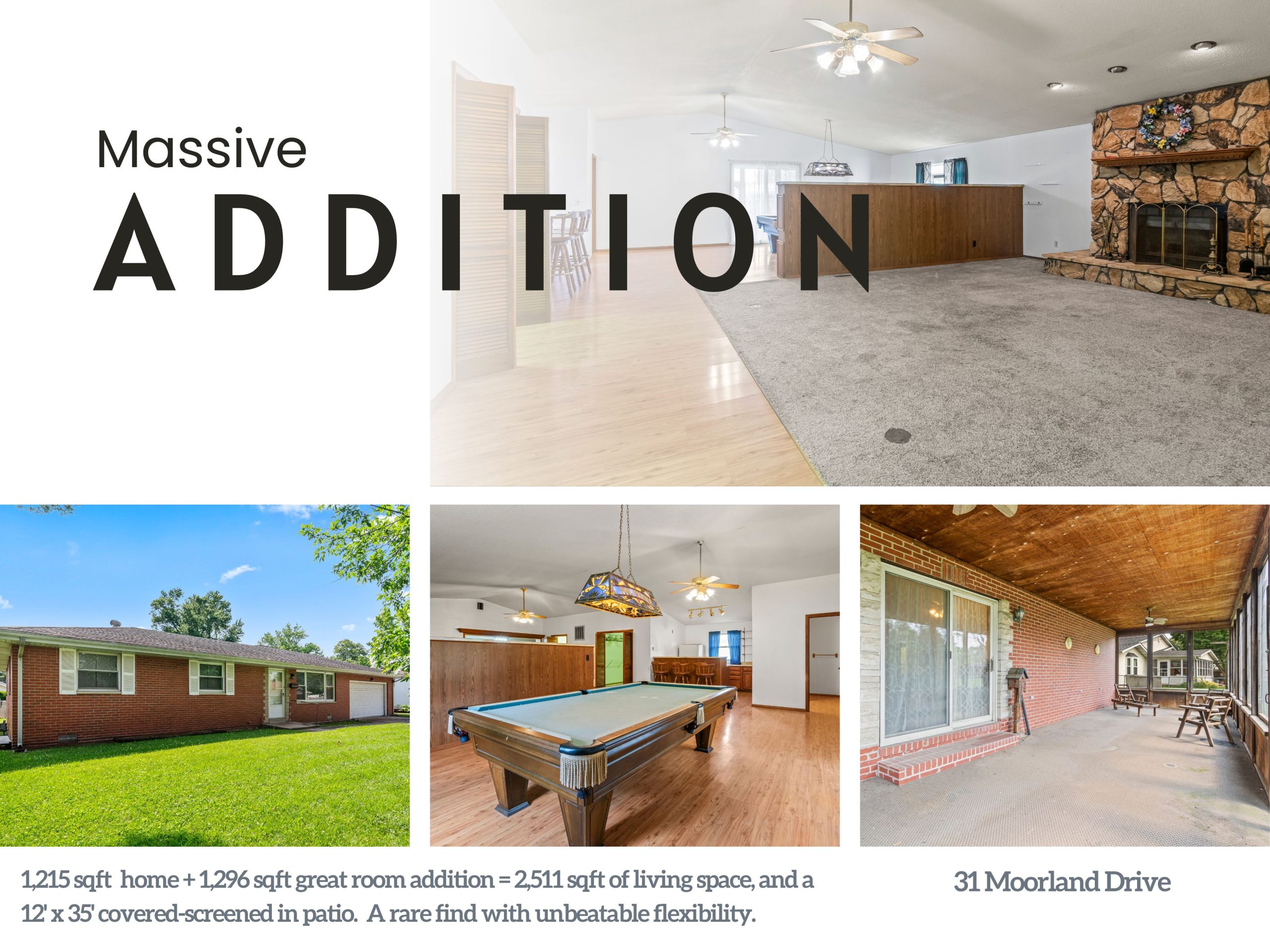 4 photos, Exterior single family brick ranch home, covered-screened in patio, game room with pool table, large family room.