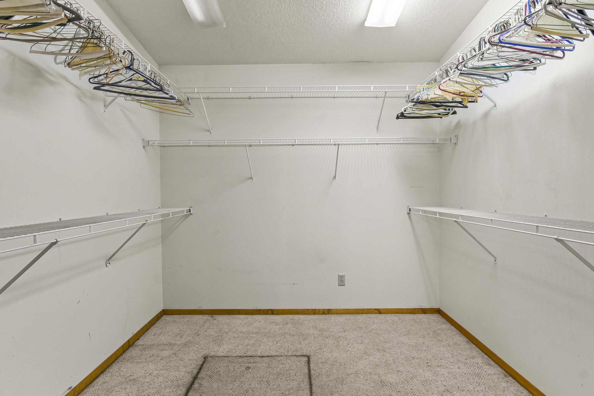 Walk-in closet, carpet and wire shelving