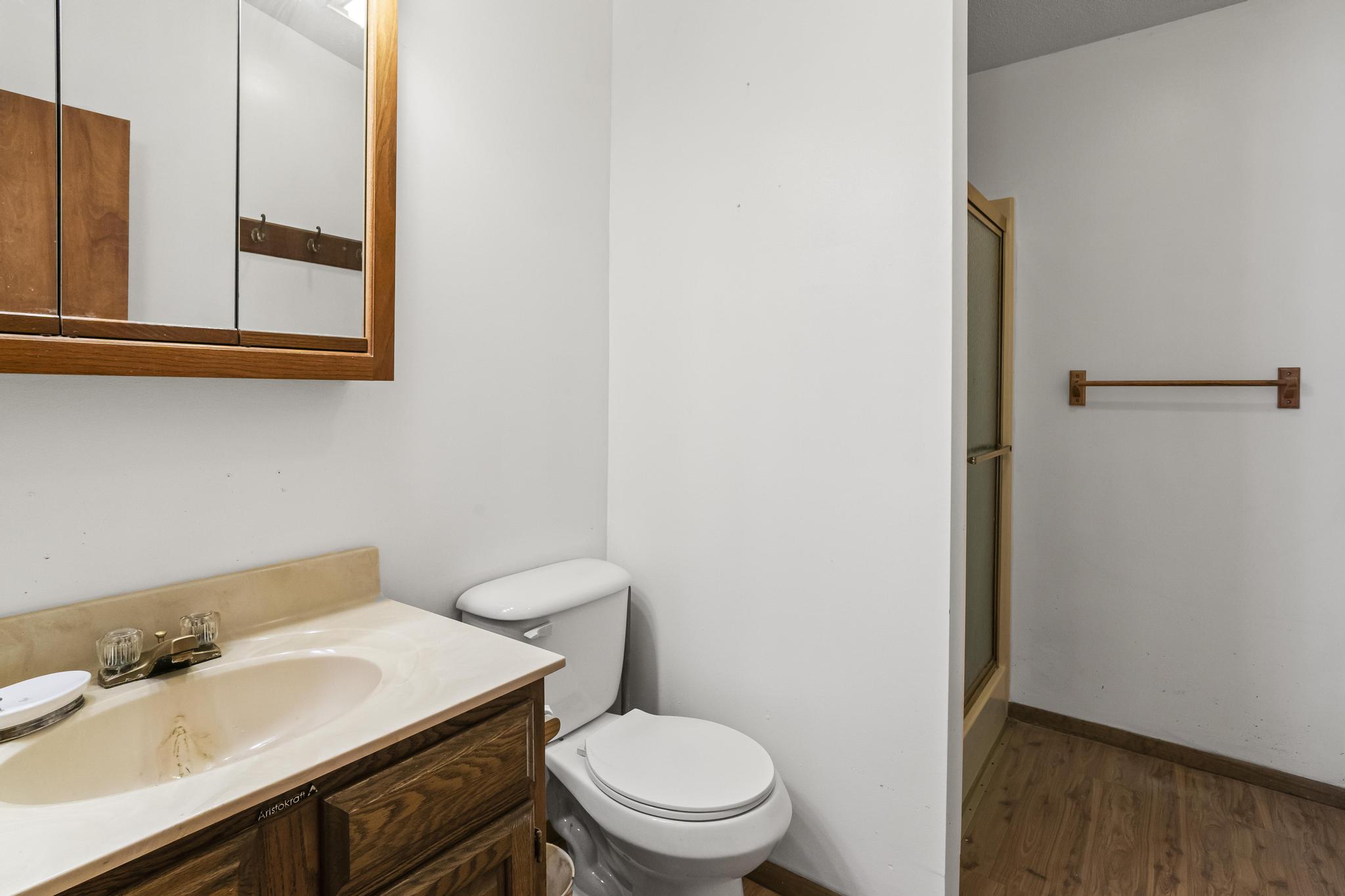 bathroom, shower, laminate wood-style floor