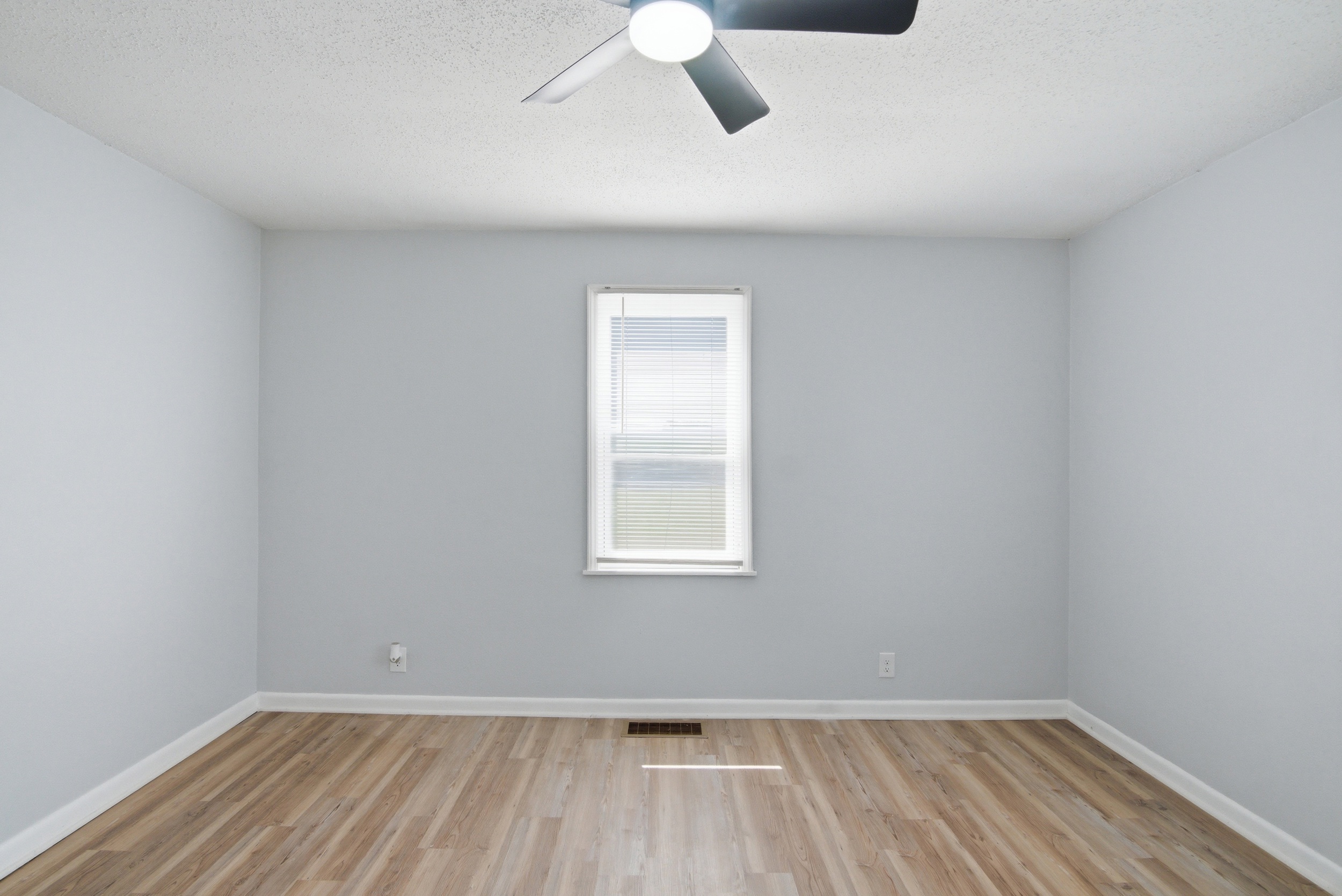 Spacious bedroom featuring neutral grey paint, wood-look flooring, and natural light from a front facing window at 1929 Beckwith St. Madison.