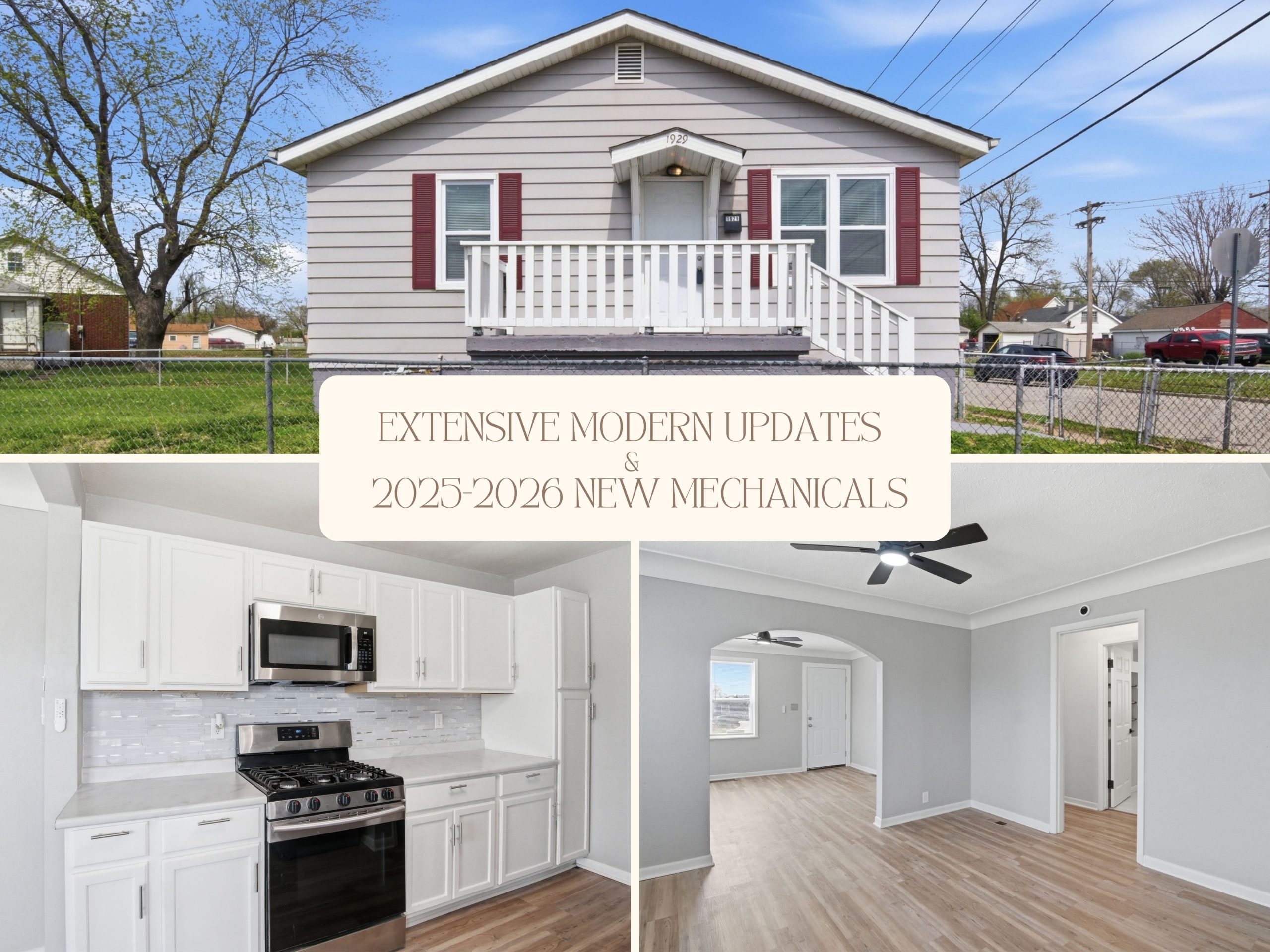 3 images, front view of exterior of home, updated white kitchen and view from dining area to living area at 1929 Beckwith St.